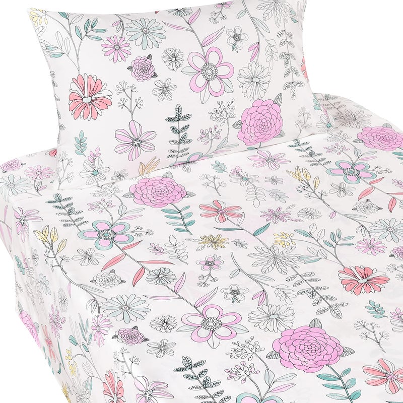 جيه-بينو مجموعة ملاءات مزدوجة من J pinno Painting Flower Plant لطيفة ومريحة وممتعة للأطفال والبنات والأطفال، ملاءة مسطحة من القطن بنسبة 100% + ملاءة جاهزة + طقم غطاء وسادة (زهرة توأم) - Image 2